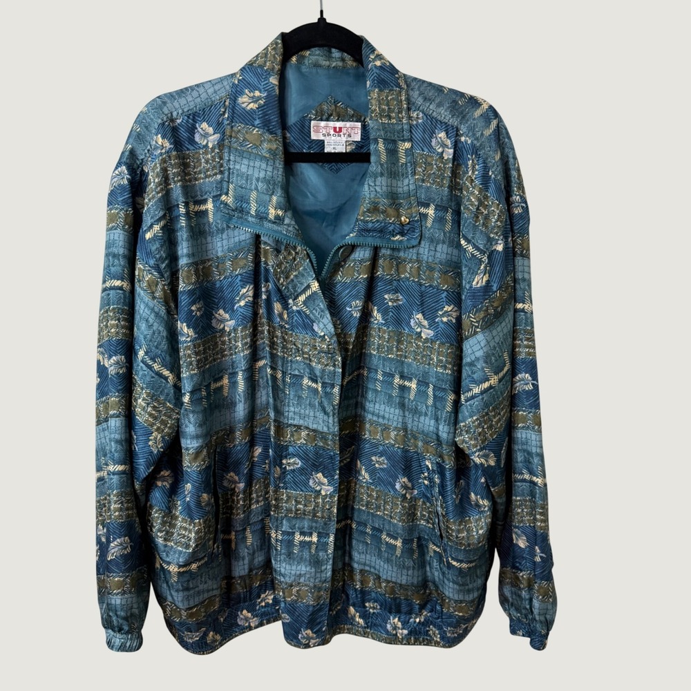 Vintage Stunt Sports Women's Silk Jacket Sz XL Full Zip Blue Fall Leaves Pockets